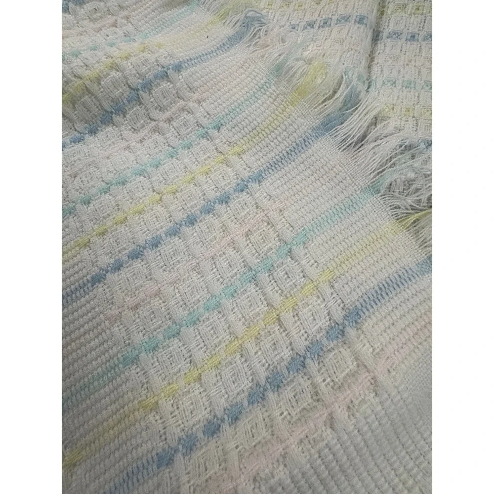 Vintage Woven Baby Blanket Pastel Stripes White Fringe Acrylic Made in Japan
